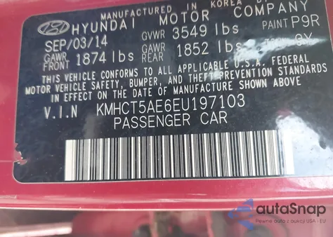 2014 Hyundai Accent Gs z USA, uszkodzony, nr VIN KMHCT5AE6EU197103